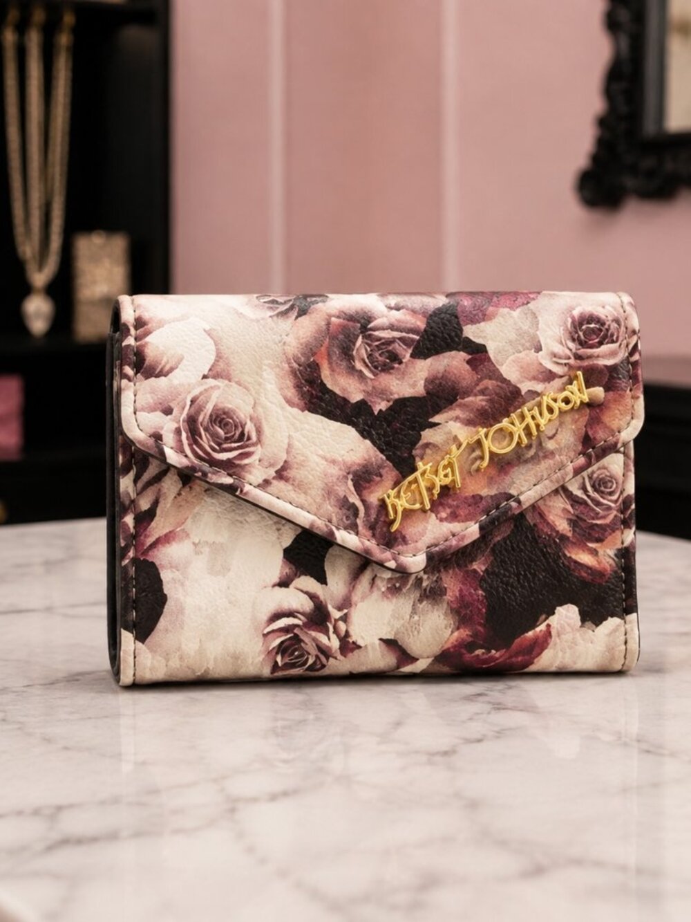 Betsey Johnson Gothic Rose Floral Trifold Wallet Gold Logo NWT